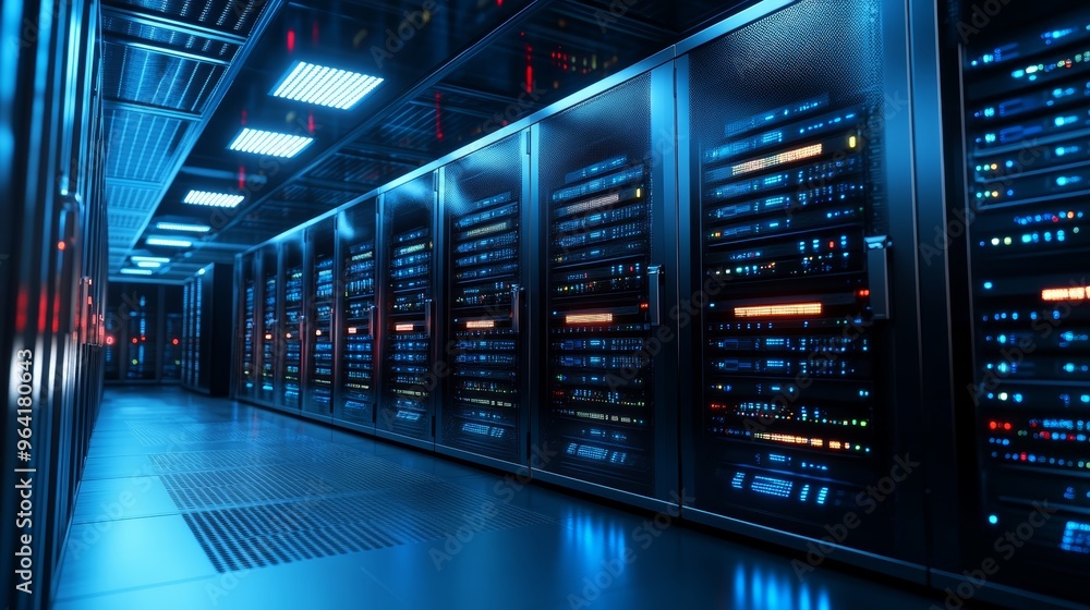 Data Center Server Room Interior with Blue Lights and Network Equipment Data Center Server Room Interior with Blue Lights and Network Equipment