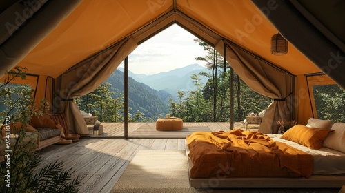 Luxurious glamping tent with a king-size bed, wooden floor, and a stunning mountain view through large windows. photo