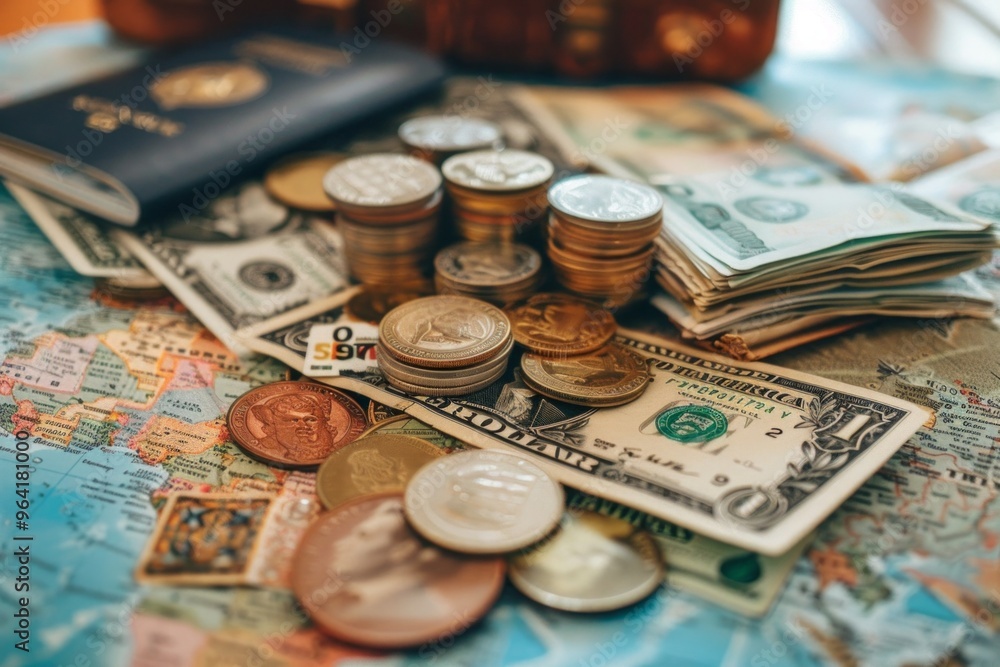 World map, currency, and coins with a passport representing global travel, finance, and adventure. World map, currency, and coins with a passport representing global travel, finance, and adventure.
