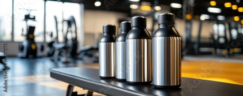 Stylish stainless steel water bottles lined up on a gym table, perfect for fitness enthusiasts and hydration needs.