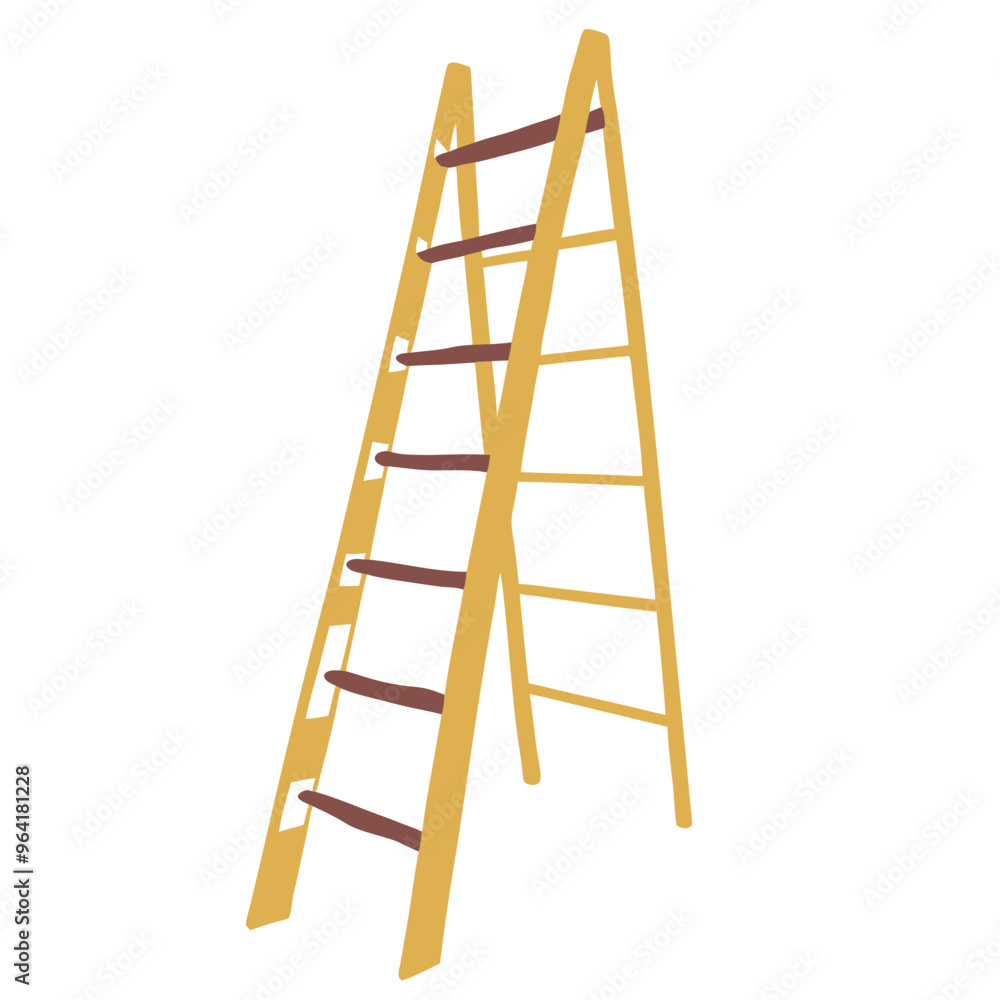 a yellow step ladder with seven steps. The ladder is in an open position, forming an A-shape. Each step is a horizontal bar, and there are two side rails on each side of the ladder. a yellow step ladder with seven steps. The ladder is in an open position, forming an A-shape. Each step is a horizontal bar, and there are two side rails on each side of the ladder.