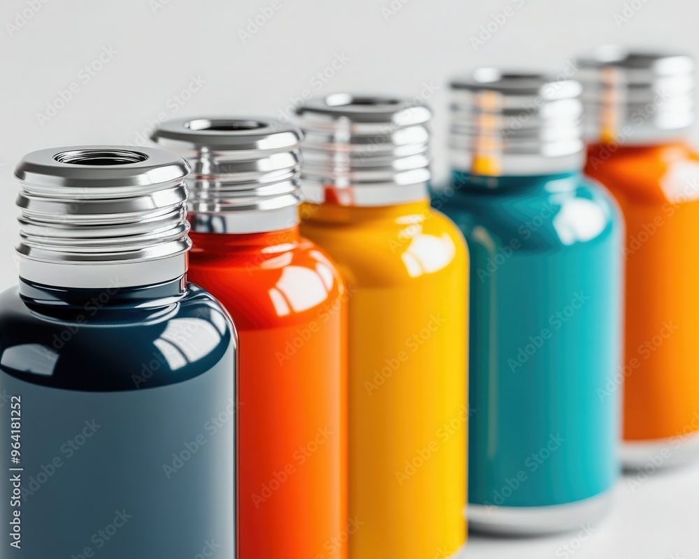 Vibrant collection of colorful bottles arranged in a row showcasing modern design and glossy finishes, perfect for various concepts. Vibrant collection of colorful bottles arranged in a row showcasing modern design and glossy finishes, perfect for various concepts.