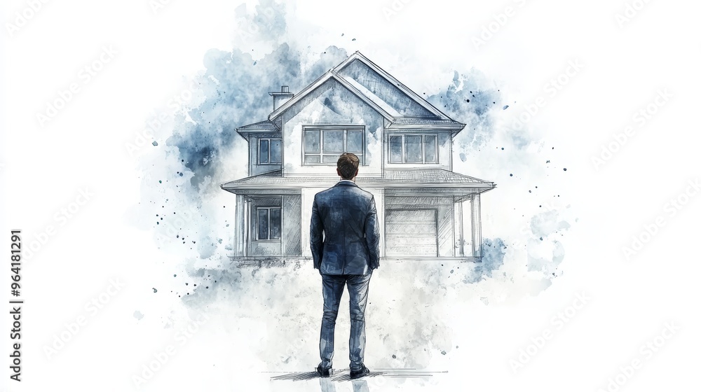 © admin_design - Man Looking at House Drawing  New Home  Real Estate  Dream Home  Watercolor