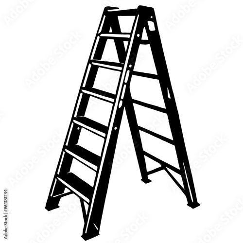 a black and white silhouette of a step ladder. It is shown in an open position, with steps on both sides, allowing it to stand independently.