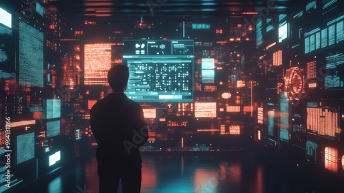 a man works at a computer in a dark room with a city skyline in the background