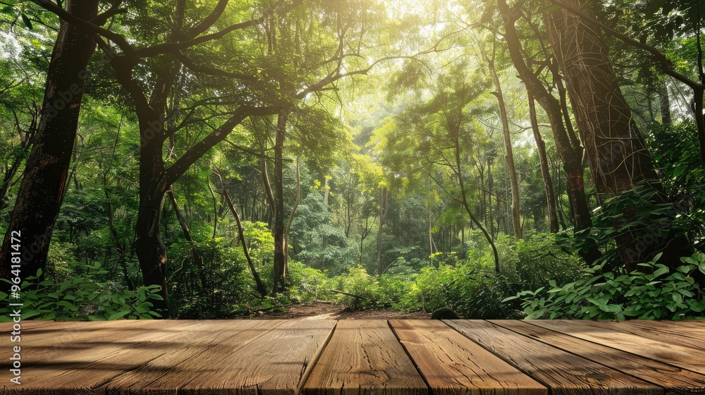 Wooden table top with forest backdrop for product display montage. Wooden table top with forest backdrop for product display montage.