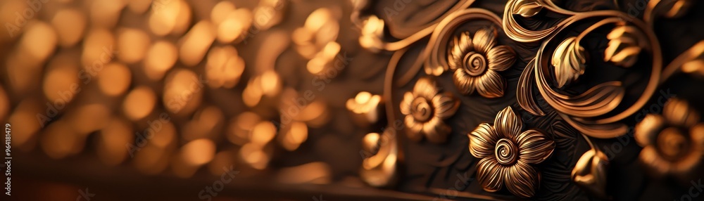 Intricate golden floral patterns on a wooden surface create an elegant and vintage ambiance in this detailed close-up shot. Intricate golden floral patterns on a wooden surface create an elegant and vintage ambiance in this detailed close-up shot.