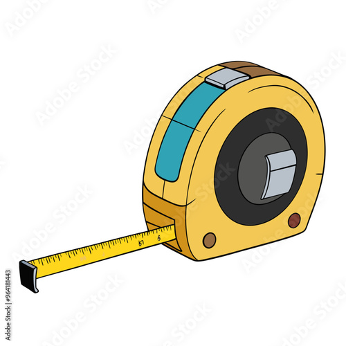 an illustration of a tape measure. It has a yellow casing with a black circular area on the side and a blue section on top. The measuring tape is partially extended, showing a yellow tape 