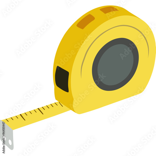 a yellow tape measure. It has a yellow casing with a black circular area on the side, and the measuring tape is partially extended. The tape itself is also yellow with black markings for measurements.