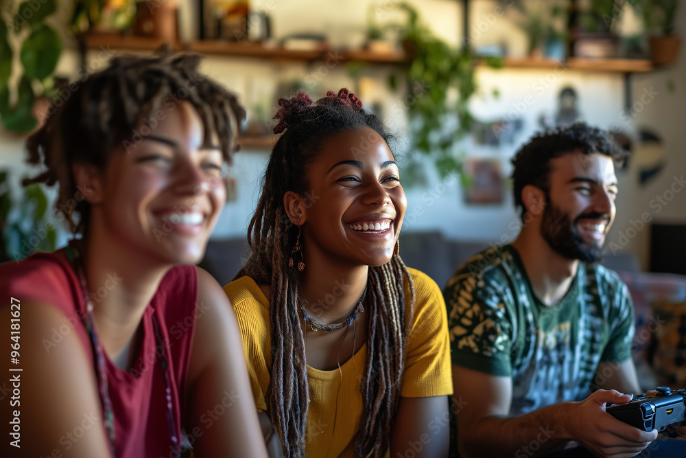 Three people are sitting together in a living room, smiling and laughing Three people are sitting together in a living room, smiling and laughing