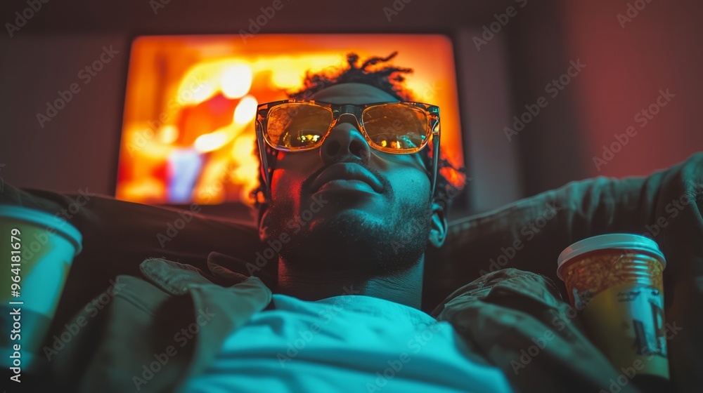 Young guy lounging on a couch, sporting yellow shades, and enjoying an action film on television, with two to go coffee cups nearby