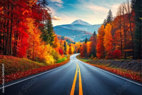 Scenic Autumn Drive: Vibrant Foliage Frames Winding Mountain Road. autumn road landscape in beautiful nature travel. autumn landscape on the highway in colorful forest. generative AI