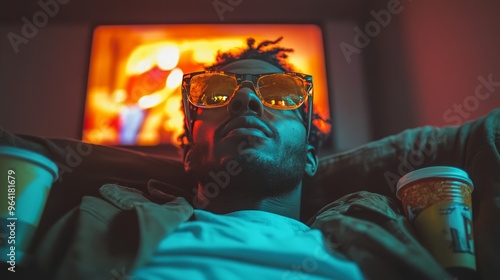 Obraz na płótnie Young guy lounging on a couch, sporting yellow shades, and enjoying an action film on television, with two to go coffee cups nearby w salonie