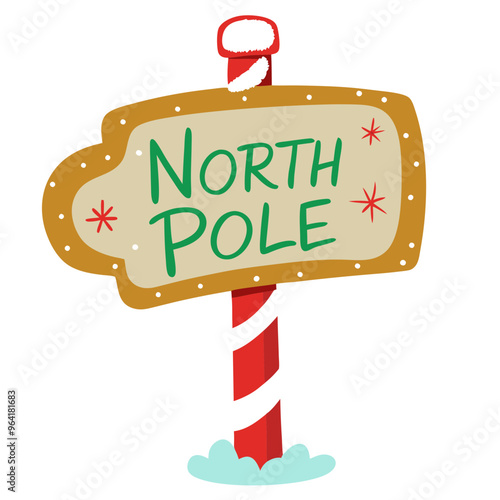 a cartoon-style sign that reads "North Pole." The sign is designed to look like a wooden board with a wavy outline, decorated with small red stars and white dots resembling snow. 