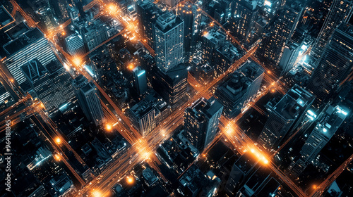 Aerial view of a vibrant city at night  illuminated by bright lights and bustling streets  showcasing urban life and architecture.