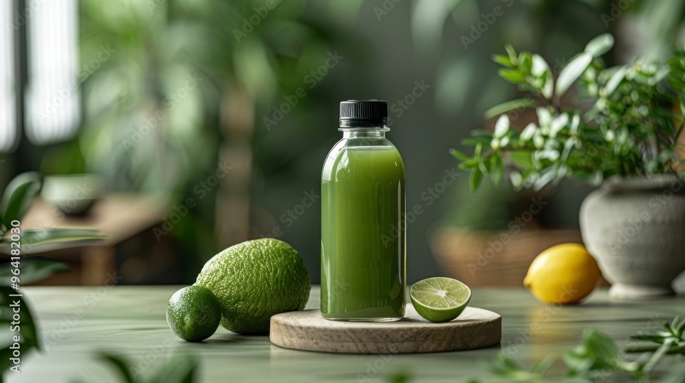 Bottle of fresh green smoothie with lime on table, closeup Bottle of fresh green smoothie with lime on table, closeup