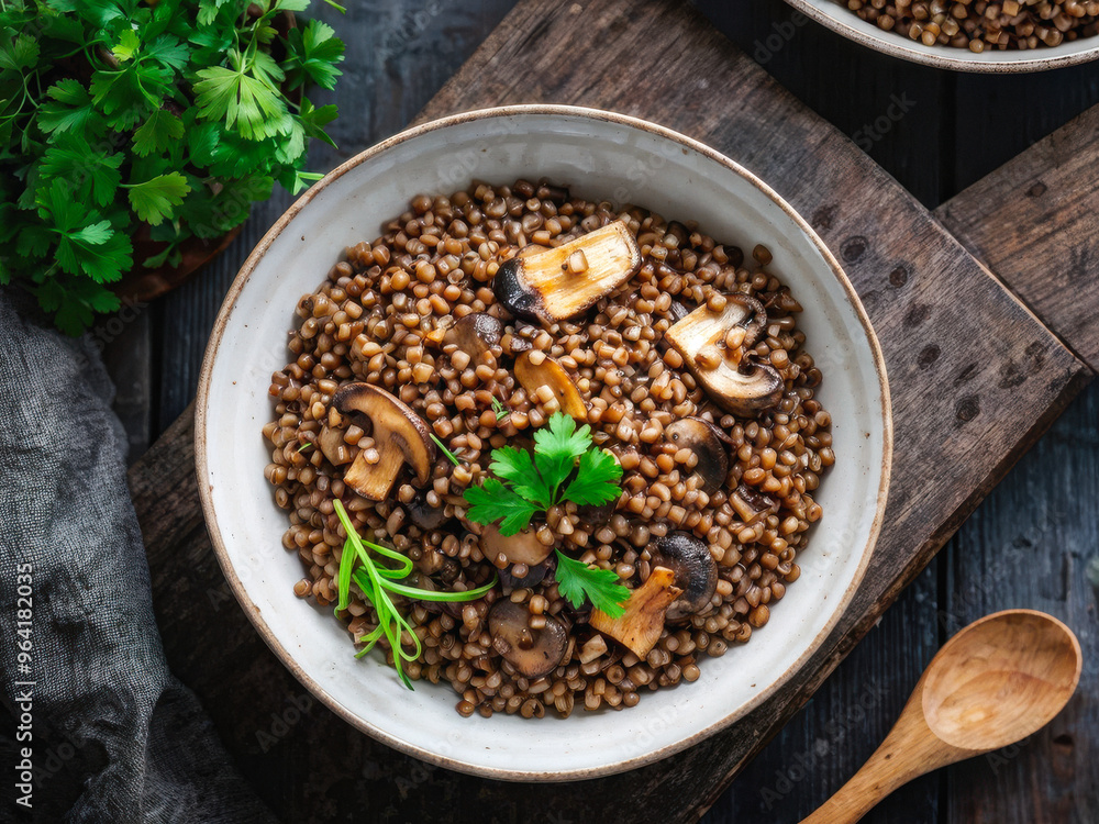 Hearty Buckwheat Bowl with Sautéed Porcini Mushrooms – A hearty bowl of buckwheat with sautéed porcini mushrooms, garnished with fresh herbs. generative AI Hearty Buckwheat Bowl with Sautéed Porcini Mushrooms – A hearty bowl of buckwheat with sautéed porcini mushrooms, garnished with fresh herbs. generative AI