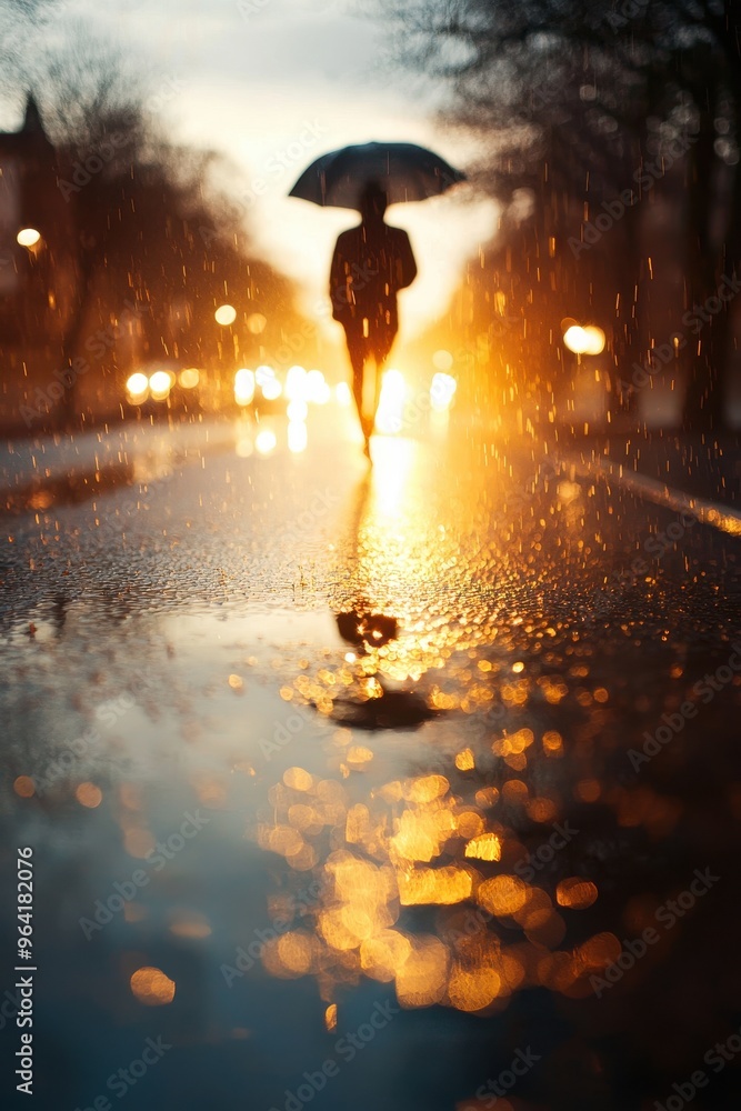 Obraz premium Silhouette of a person with an umbrella walking on a wet street illuminated by city lights at dusk, reflecting on the pavement.