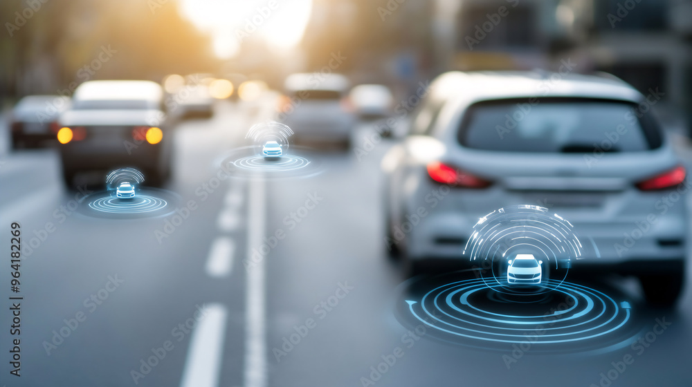 Autonomous vehicles driving on a smart road network, with digital sensors monitoring their real-time movements for efficient and safe transportation. Autonomous vehicles driving on a smart road network, with digital sensors monitoring their real-time movements for efficient and safe transportation.