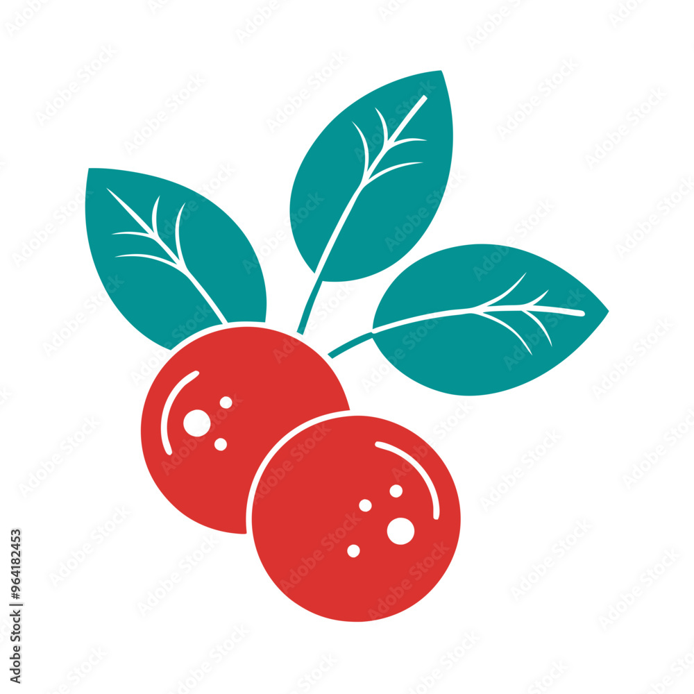 Obraz premium a simple, stylized illustration of two red berries with three green leaves. The berries are round with small white highlights, and the leaves have white veins