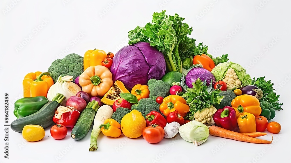 Vibrant Pile of Fresh Produce: Colorful Vegetables and Fruits Including Cabbage, Cucumber, Bell Pepper, Tomato, Broccoli, Kale, Onion, Eggplant, Apple, and Orange Vibrant Pile of Fresh Produce: Colorful Vegetables and Fruits Including Cabbage, Cucumber, Bell Pepper, Tomato, Broccoli, Kale, Onion, Eggplant, Apple, and Orange