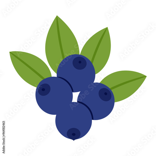 a simple illustration of three blueberries with five green leaves behind them. The blueberries are depicted in a deep blue color, and each has a small dark spot on one side, representing the calyx