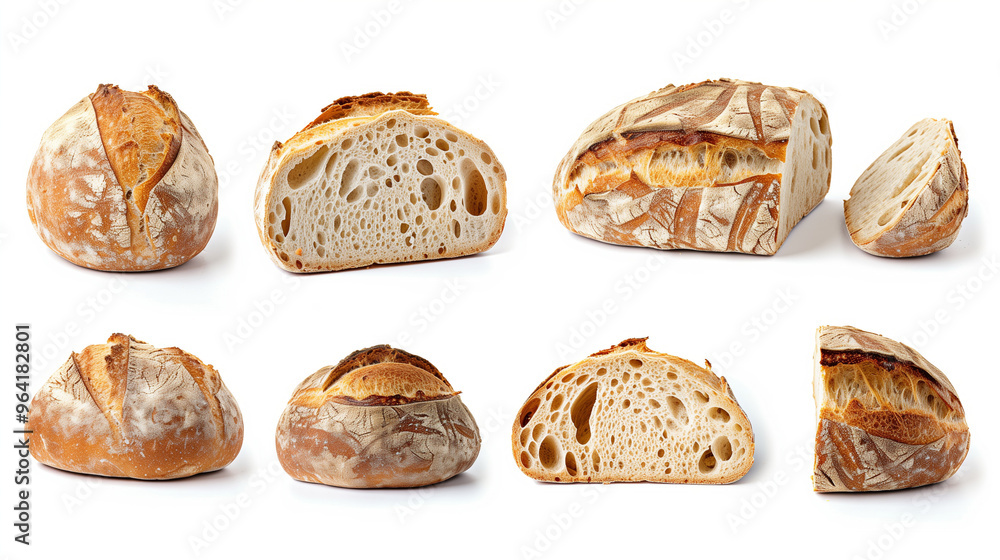 Sourdough bread loaf multiple angles front left right back, rustic thick crust airy crumb, on white background, PNG file, Generated AI Sourdough bread loaf multiple angles front left right back, rustic thick crust airy crumb, on white background, PNG file, Generated AI