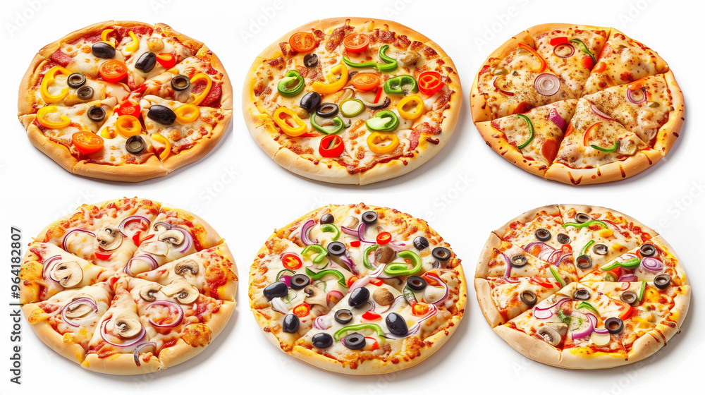 Vegetarian pizza multiple angles front left right back, golden-brown crust colorful vegetables melted cheese, on white background, PNG file, Generated AI Vegetarian pizza multiple angles front left right back, golden-brown crust colorful vegetables melted cheese, on white background, PNG file, Generated AI