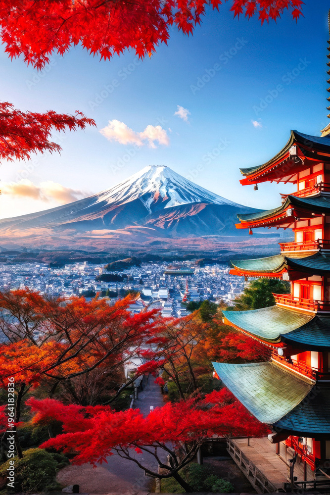 Fototapeta premium Autumnal Elegance: Chureito Pagoda and Mount Fuji. generative AI