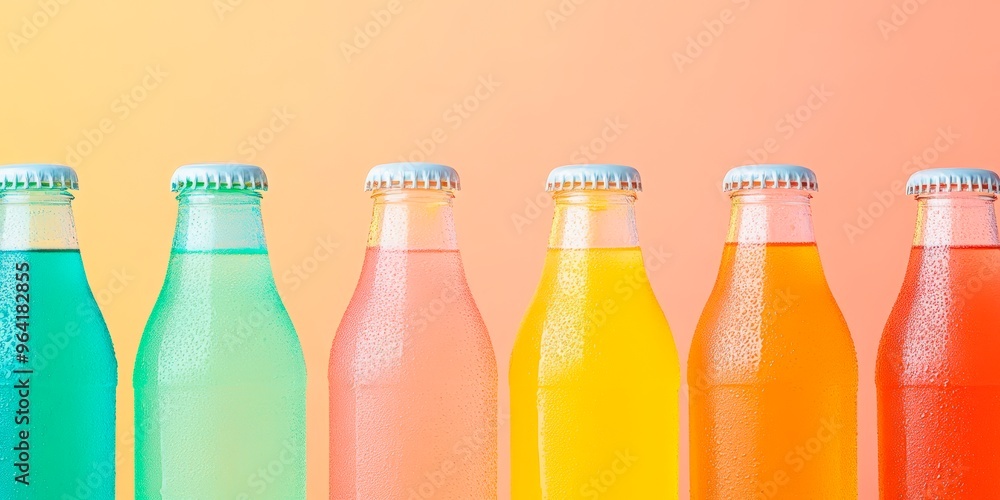 A row of six glass bottles filled with colorful liquids are arranged against a gradient background that transitions from yellow to pink. The bottles are identical in shape and size. Generative AI A row of six glass bottles filled with colorful liquids are arranged against a gradient background that transitions from yellow to pink. The bottles are identical in shape and size. Generative AI