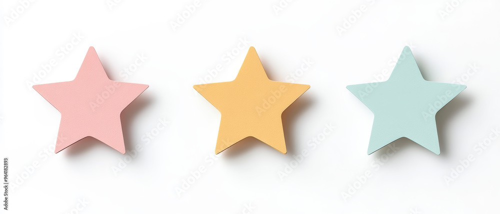 Three pastel-colored star shapes in pink, yellow, and light blue arranged horizontally on a plain white background. The stars have a flat, paper-like texture, Generative AI Three pastel-colored star shapes in pink, yellow, and light blue arranged horizontally on a plain white background. The stars have a flat, paper-like texture, Generative AI