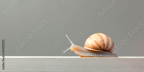 A single snail crawls on a white surface against a light grey background. The slow snail with its body extended and its shell curved. Generative AI