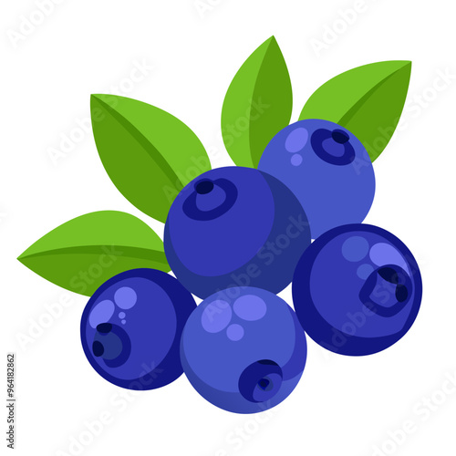 an illustration of a cluster of blueberries with green leaves. The blueberries are depicted in a vibrant blue color with highlights to give them a shiny appearance