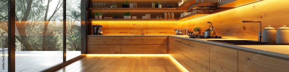 Modern kitchen interior with wooden counters and warm lighting in a cozy home setting Modern kitchen interior with wooden counters and warm lighting in a cozy home setting