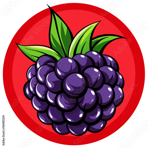 a cartoon-style illustration of a blackberry. The blackberry is depicted with a cluster of shiny, dark purple drupelets, giving it a plump and juicy appearance