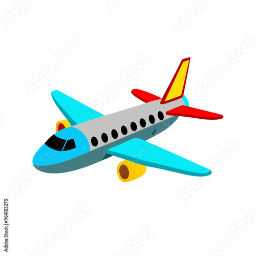  a simple, colorful illustration of an airplane. The airplane has a light gray body with a series of black windows along the side. The wings are bright blue, and the tail fin is red with a yellow tip