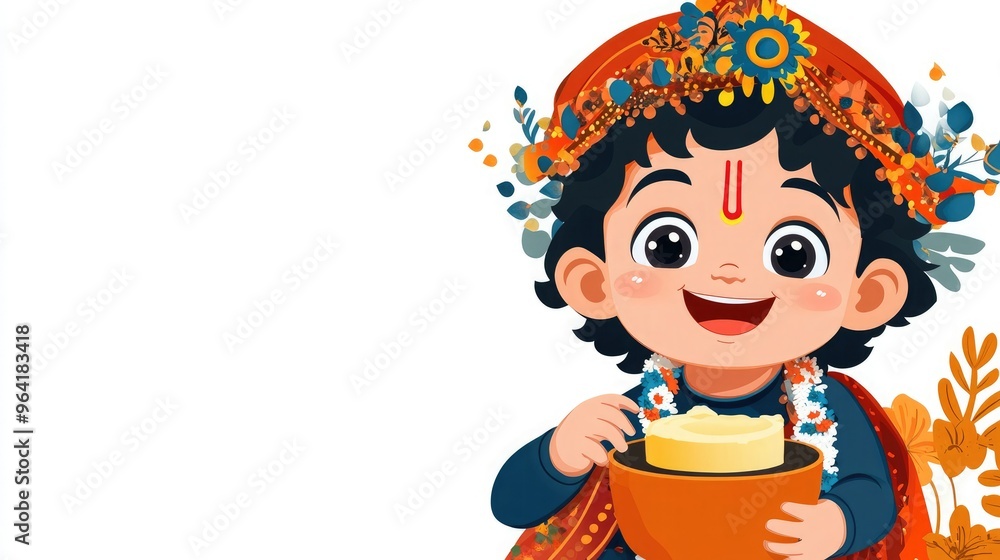 A happy child in traditional attire, joyfully holding a bowl, surrounded by vibrant flowers and colors, perfect for festive themes. A happy child in traditional attire, joyfully holding a bowl, surrounded by vibrant flowers and colors, perfect for festive themes.