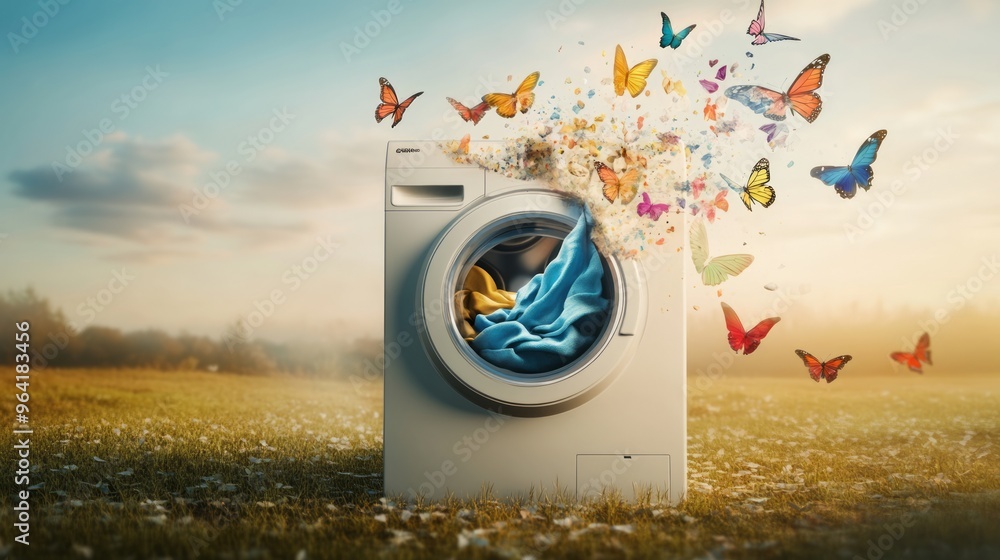 Washing machine in a meadow releases a vibrant swarm of butterflies into the sunset, revealing clothes inside