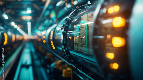 A futuristic transport system in a high-tech facility, showing automated logistics and cutting-edge industrial technology.