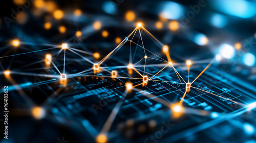 Abstract network of illuminated connections over a technical blueprint, symbolizing advanced technology, data flow, and innovation.