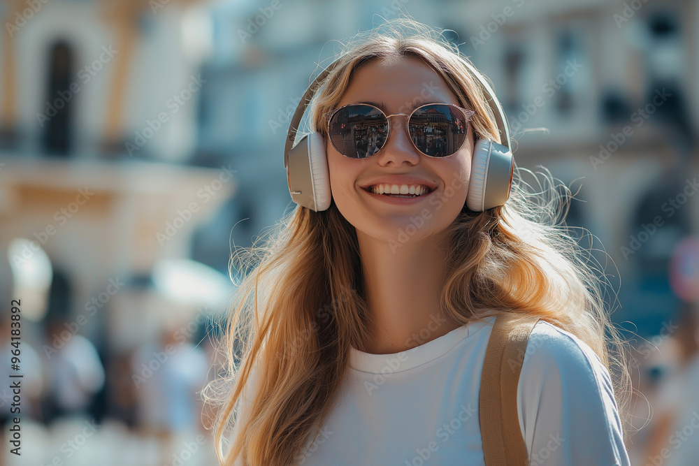 A woman with long hair is smiling and wearing headphones A woman with long hair is smiling and wearing headphones