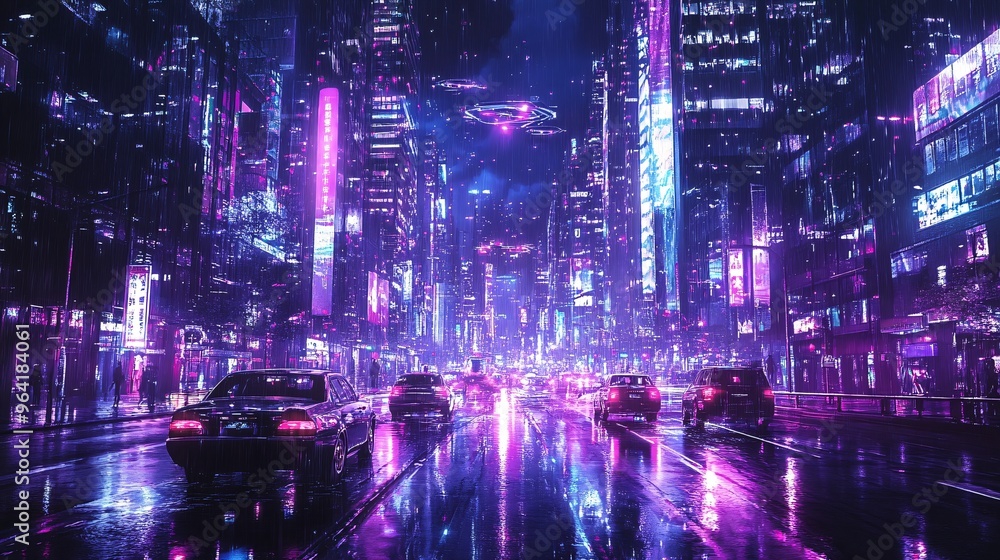 Futuristic city at night with robots patrolling the streets and vintage-style cars hovering above in a mix of retro and modern aesthetics Large space for text in center Stock Photo with copy space Futuristic city at night with robots patrolling the streets and vintage-style cars hovering above in a mix of retro and modern aesthetics Large space for text in center Stock Photo with copy space