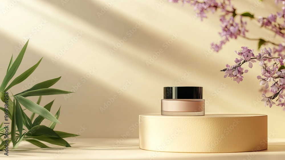 A beautiful, realistic presentation of a product, like a cosmetic, on a podium with a natural background. A beautiful, realistic presentation of a product, like a cosmetic, on a podium with a natural background.