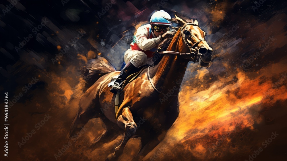 Race horses and jockeys competing for position on the final furlongs. Neural network ai generated art Race horses and jockeys competing for position on the final furlongs. Neural network ai generated art