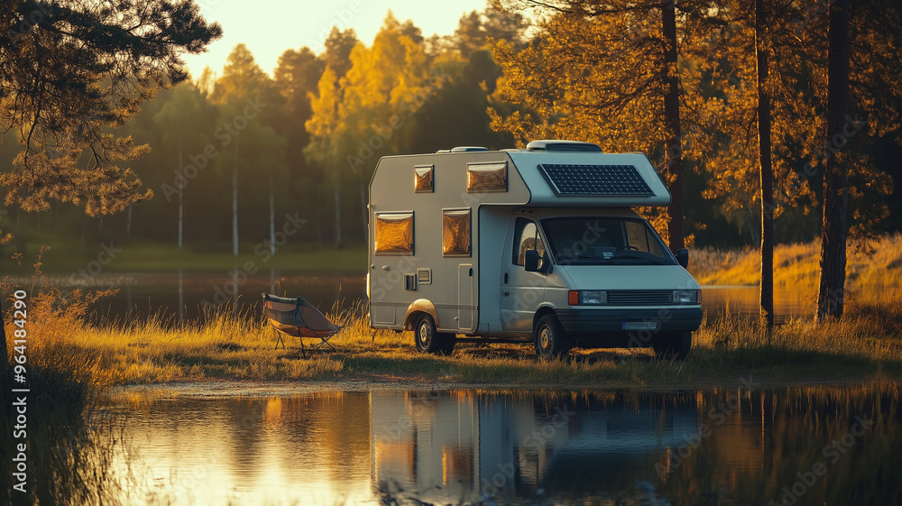 A camper van is parked by a lake in the mountains A camper van is parked by a lake in the mountains