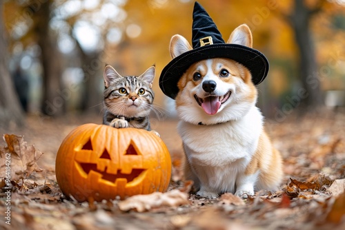 Corgi dog in witch hat with striped cat and carved pumpkin in autumn forest for Halloween

