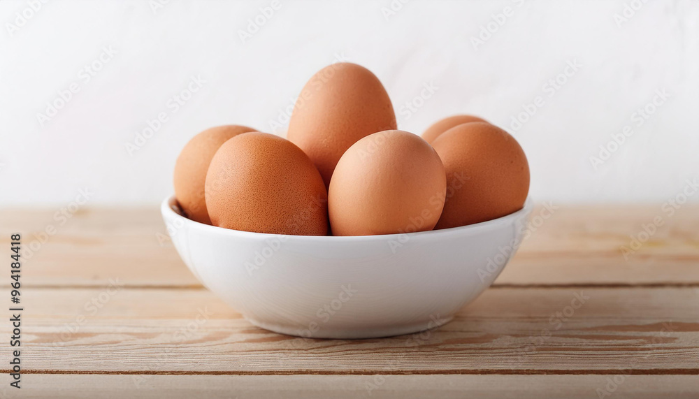 Brown chicken eggs in white ceramic bowl on wooden background. Fresh and natural food. Brown chicken eggs in white ceramic bowl on wooden background. Fresh and natural food.
