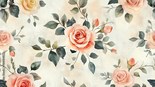 Wallpaper Mural A beautiful rose is blooming, forming a repeating pattern. This design features watercolor-style flowers and plants with a textured background. Torontodigital.ca