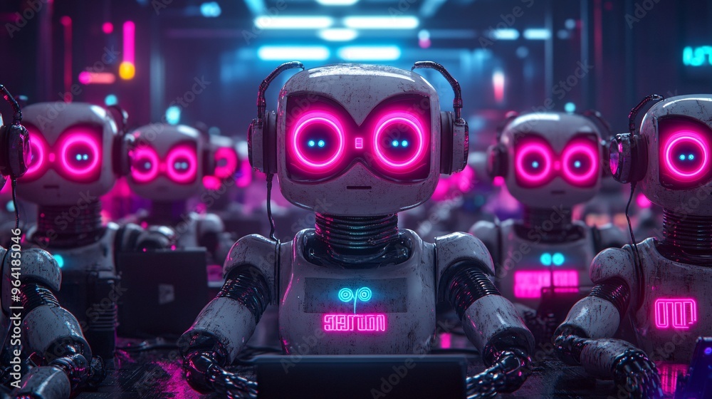 A group of 80s-inspired robots working in a high-tech futuristic office surrounded by neon lights and advanced technology Large space for text in center Stock Photo with copy space A group of 80s-inspired robots working in a high-tech futuristic office surrounded by neon lights and advanced technology Large space for text in center Stock Photo with copy space