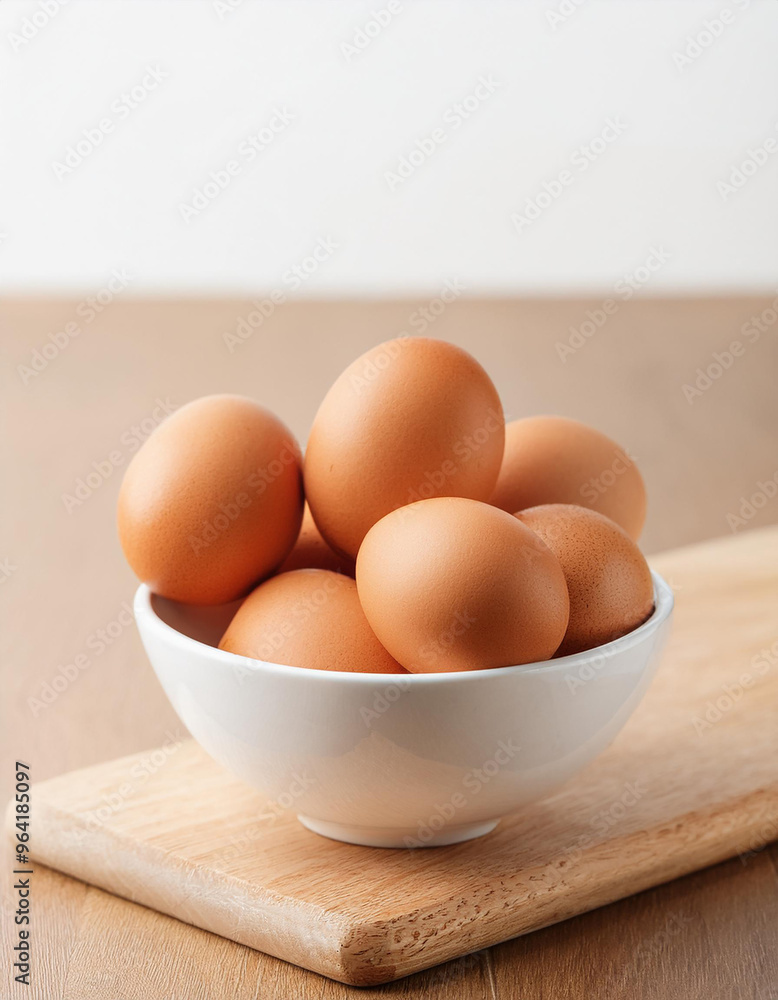 Brown chicken eggs in white ceramic bowl on wooden background. Fresh and natural food. Brown chicken eggs in white ceramic bowl on wooden background. Fresh and natural food.